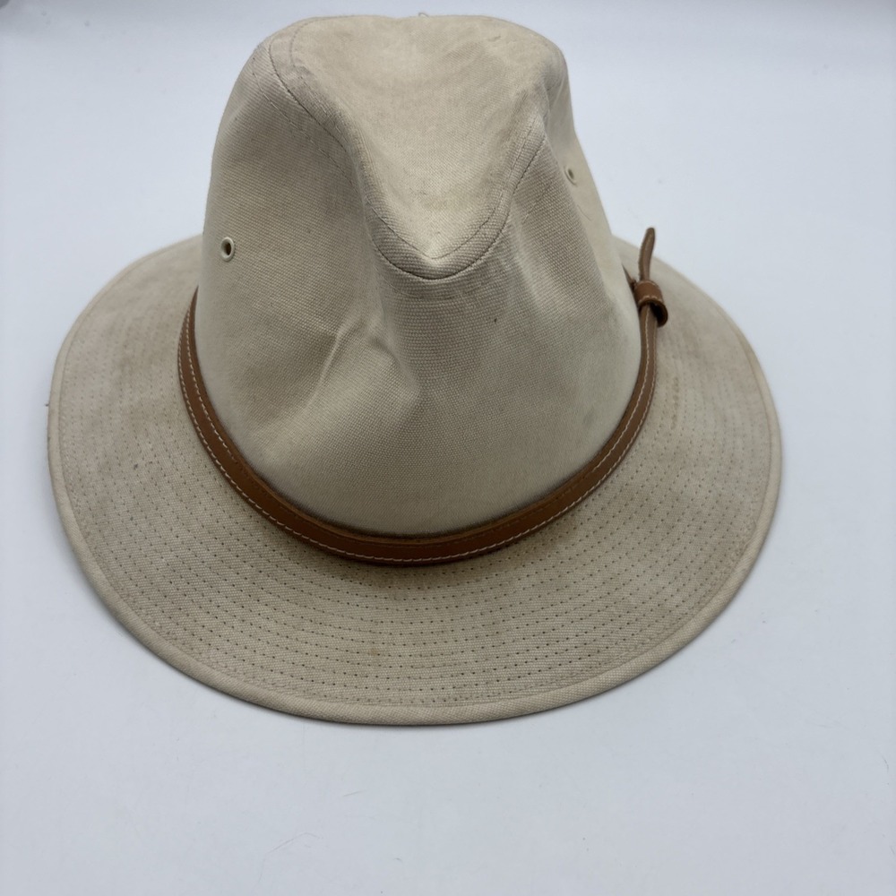 Vintage Stetson Safari Hat Canvas Made in USA Brown Leather Band 7 1/4 - 7 3/8